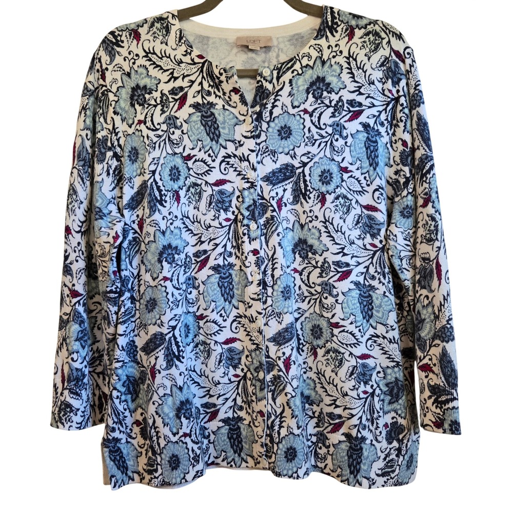 Loft Outlet Womens XL Classic Blue White Floral Paisley Cotton Button Cardigan